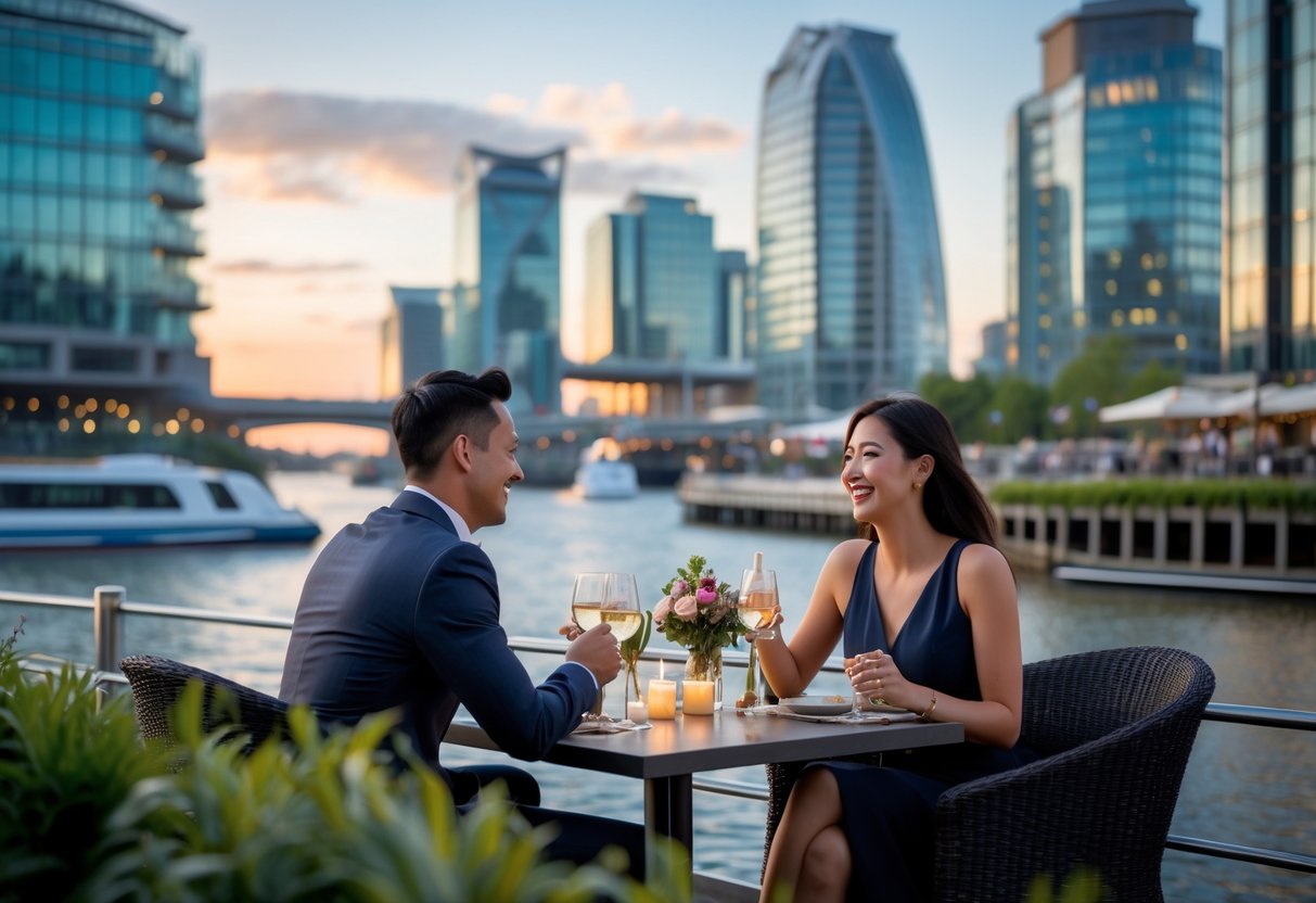 A couple enjoying a romantic outdoor date by the water with tall modern buildings in the background.