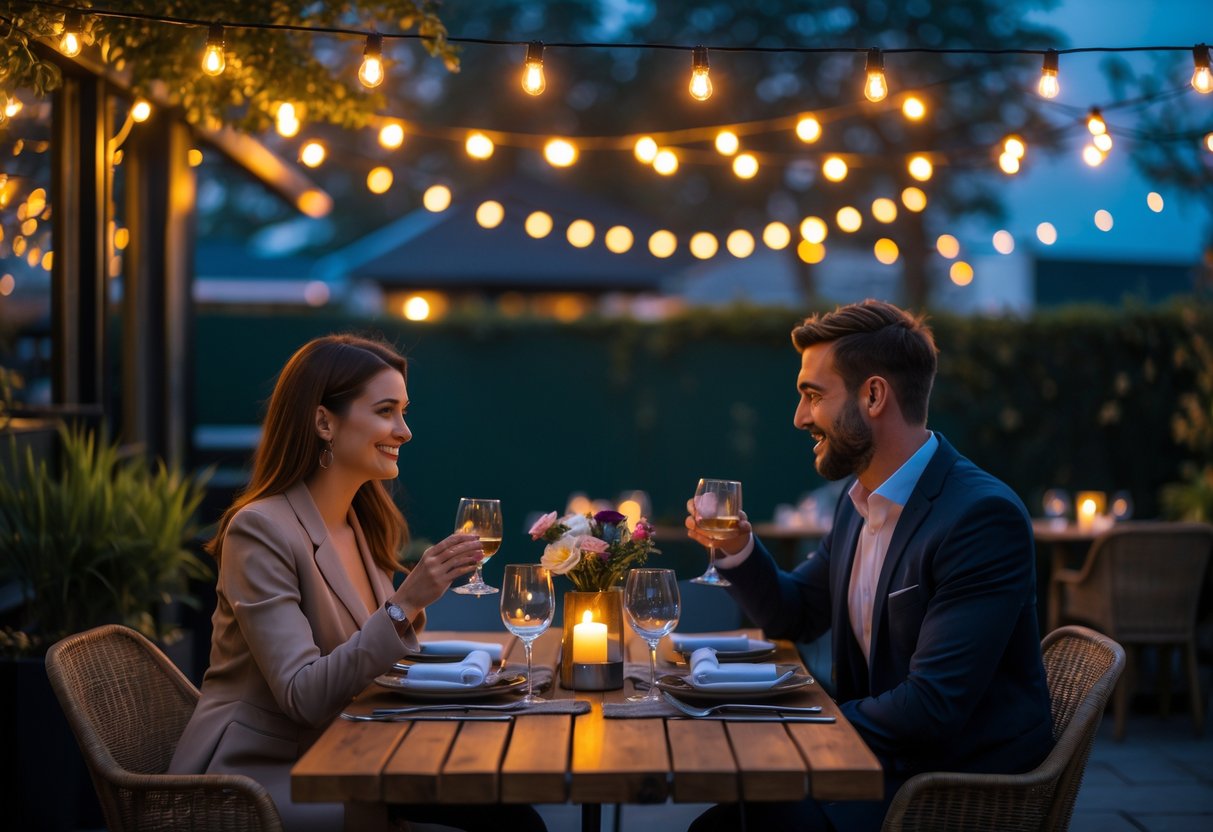 A couple enjoying a cozy dinner together at an outdoor patio with warm lighting and elegant table settings.