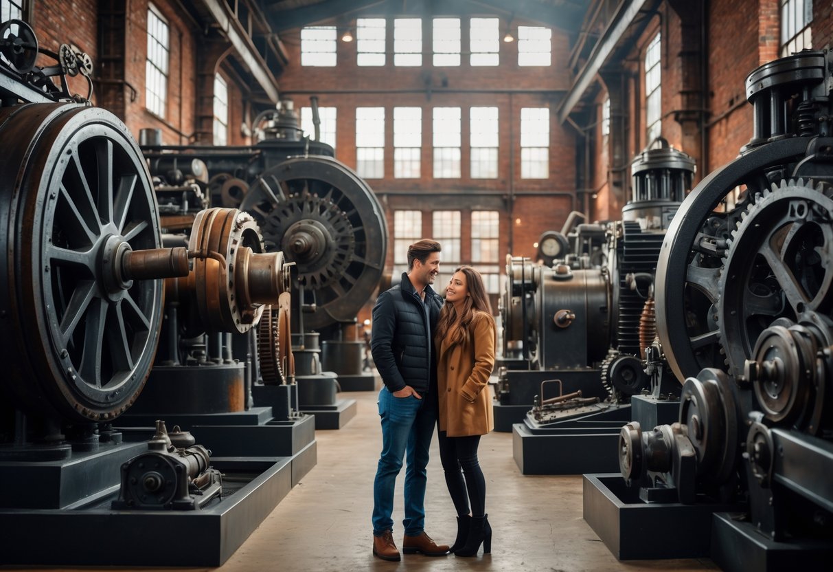 A young couple exploring vintage steam engines inside an industrial museum with brick walls and large windows.