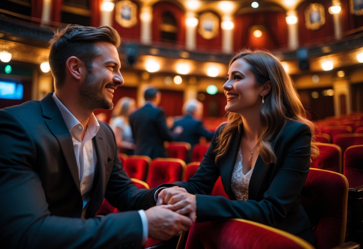 A couple smiling and holding hands while finding their seats inside a warmly lit theatre with red seats and ornate decorations.