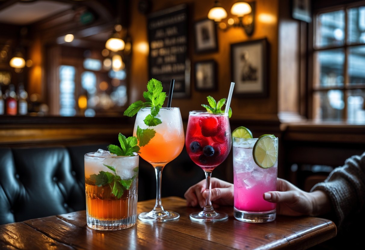 A cozy pub table with colorful cocktails and two people reaching for their drinks, creating a warm and intimate atmosphere.