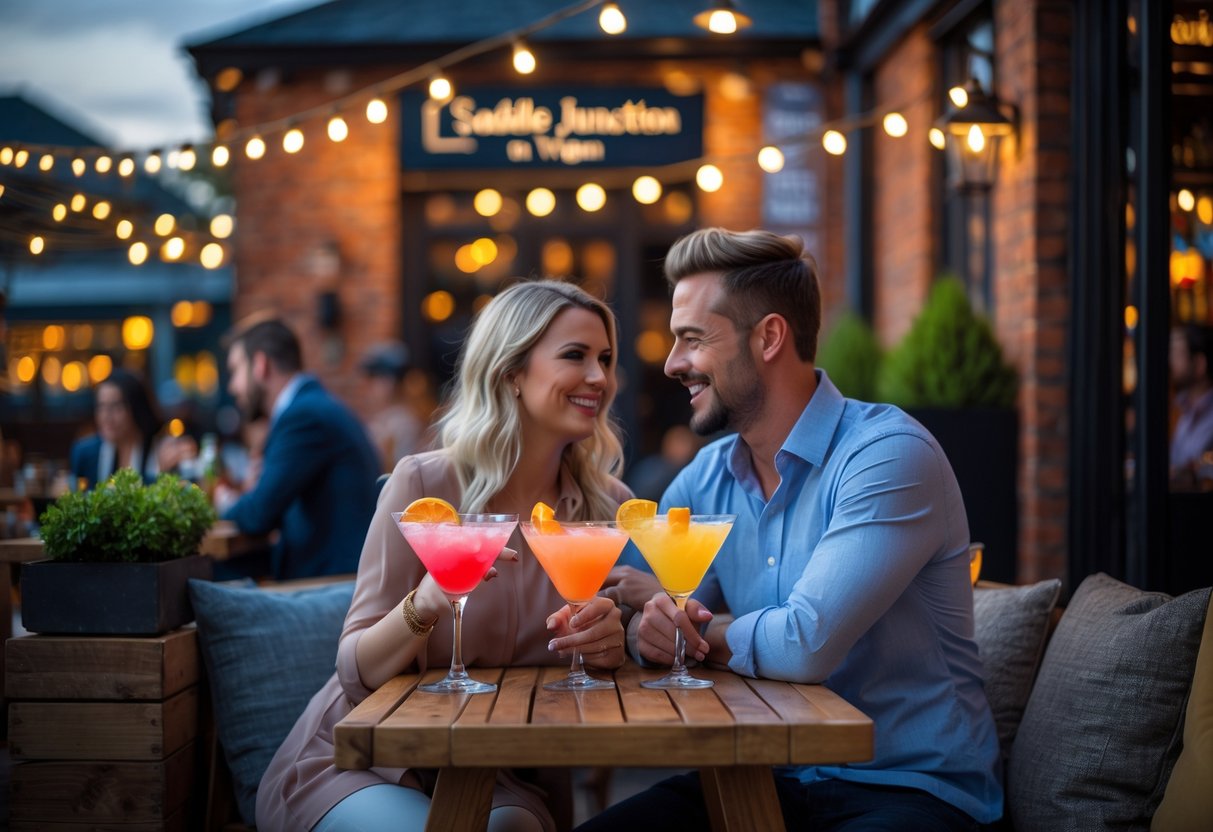 A couple enjoying cocktails together at an outdoor table at the Saddle Junction bar in Wigan during the evening.