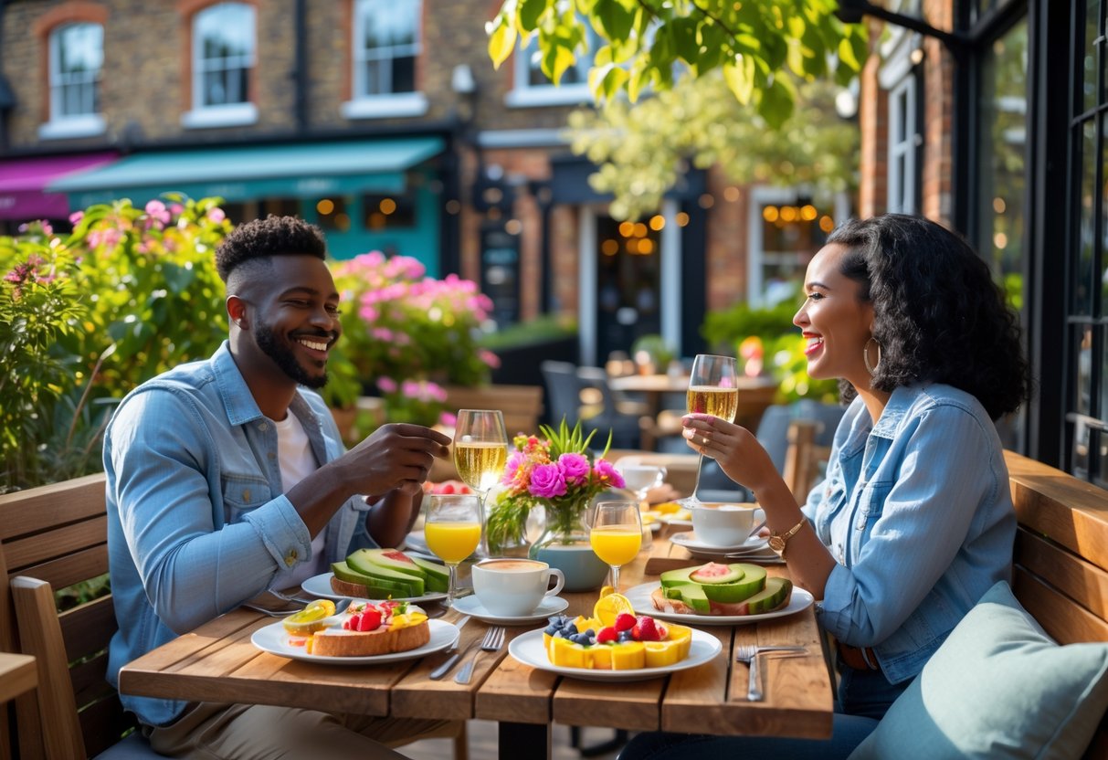 A couple enjoying brunch outdoors at a cafe with plates of food and drinks on the table surrounded by greenery.