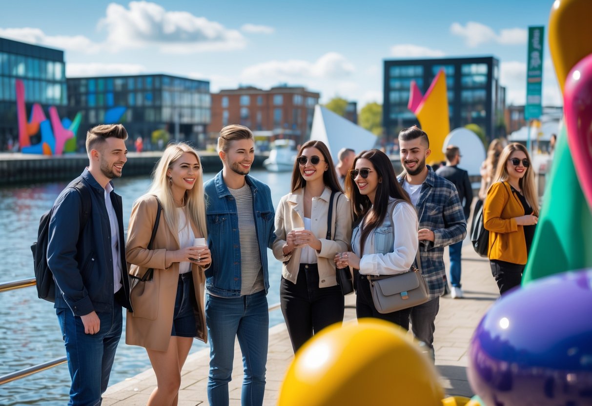 Couples and friends enjoying colorful outdoor art installations by the waterfront at The Quays in Wigan on a sunny day.