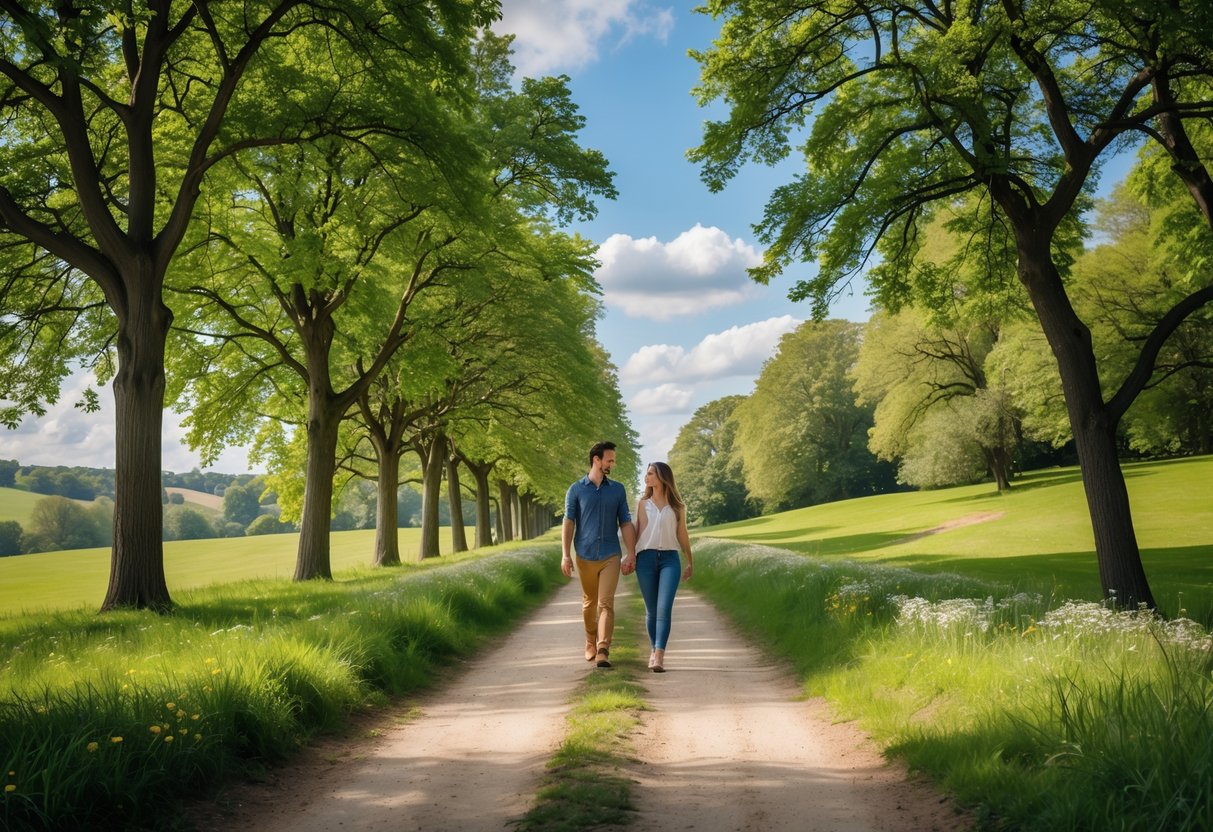 A couple walking hand in hand along a tree-lined path on Wimbledon Common surrounded by green grass and trees on a sunny day.