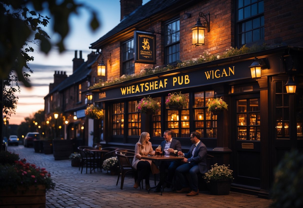 A couple enjoying drinks at an outdoor table outside The Wheatsheaf pub in the evening with warm lighting and a cozy atmosphere.