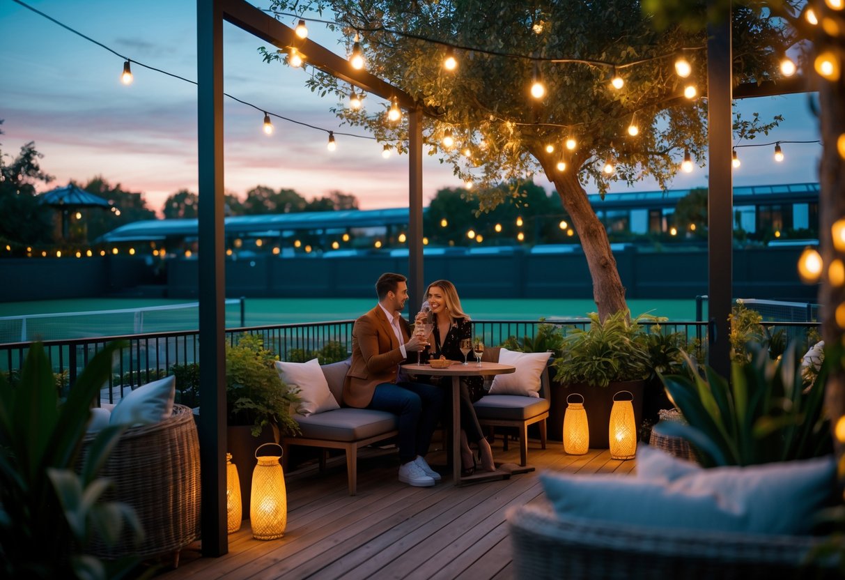 A couple enjoying drinks at an outdoor terrace with warm lighting and greenery in the evening at The Fever Tree in Wimbledon.