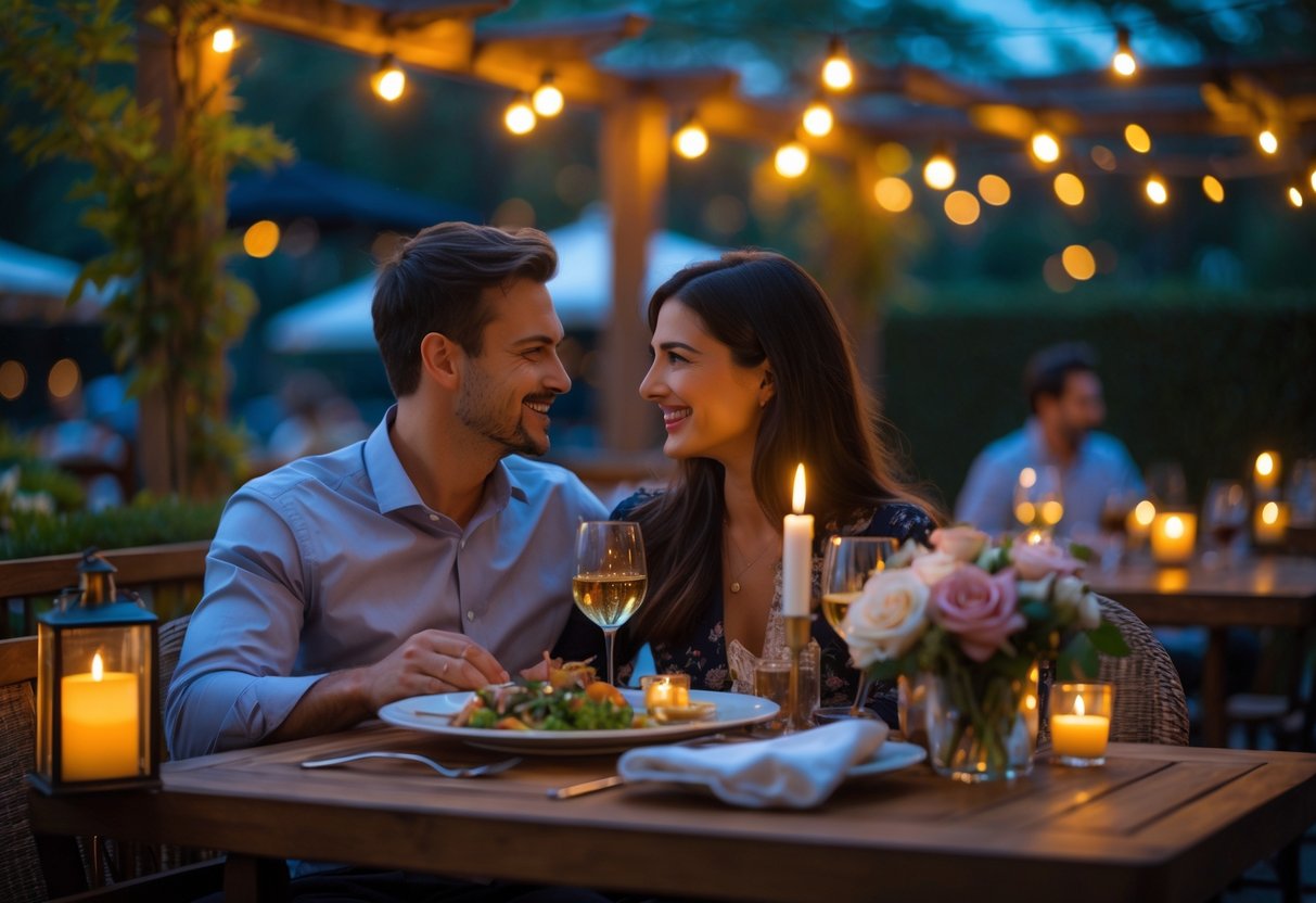 A couple enjoying a romantic dinner together at an outdoor bistro terrace in the evening.