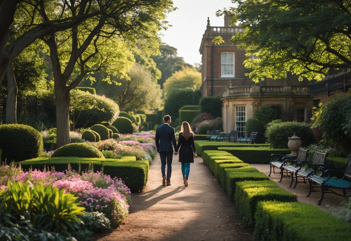 A couple walking hand-in-hand along a garden path surrounded by flowers and trees in Southside House Gardens, Wimbledon.