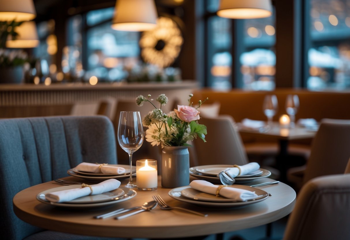 A cozy restaurant table set for two with candles and flowers in a warm, inviting dining space.