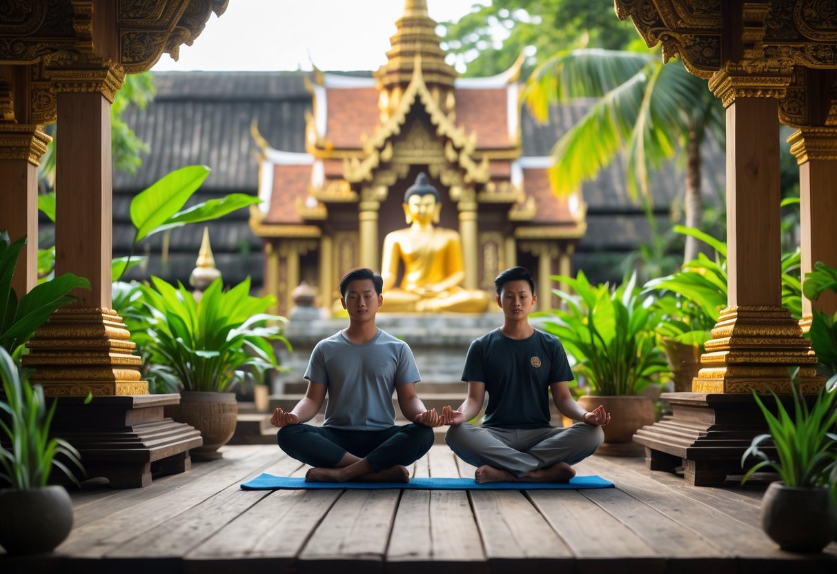 A young couple meditating peacefully outdoors at Wat Buddhapadipa Temple surrounded by traditional Thai architecture and greenery.