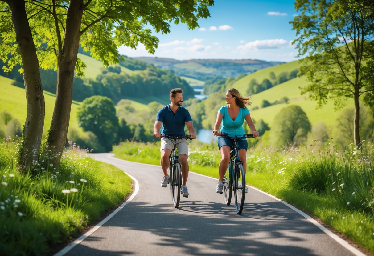 A couple riding bicycles together on a paved path through a green valley with trees and hills in the background.
