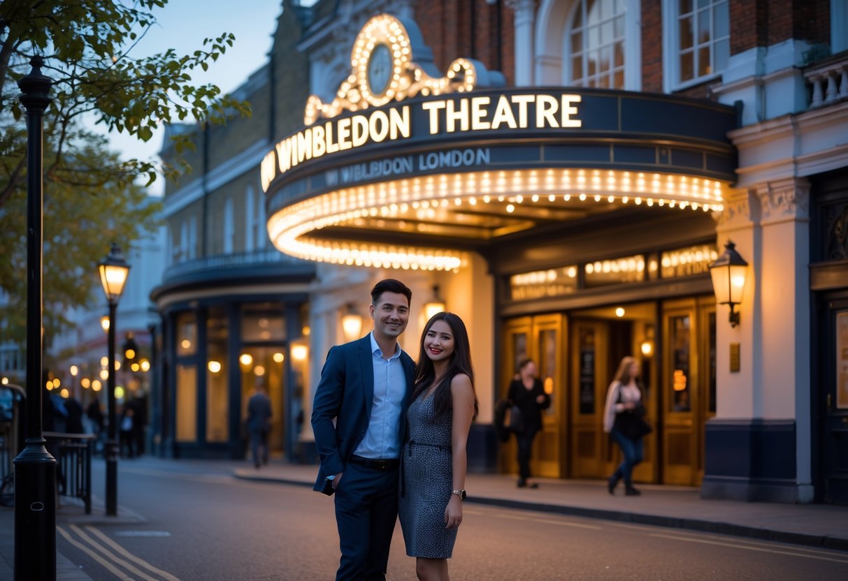 A couple standing outside the New Wimbledon Theatre in the evening, smiling and holding hands near the theatre entrance.