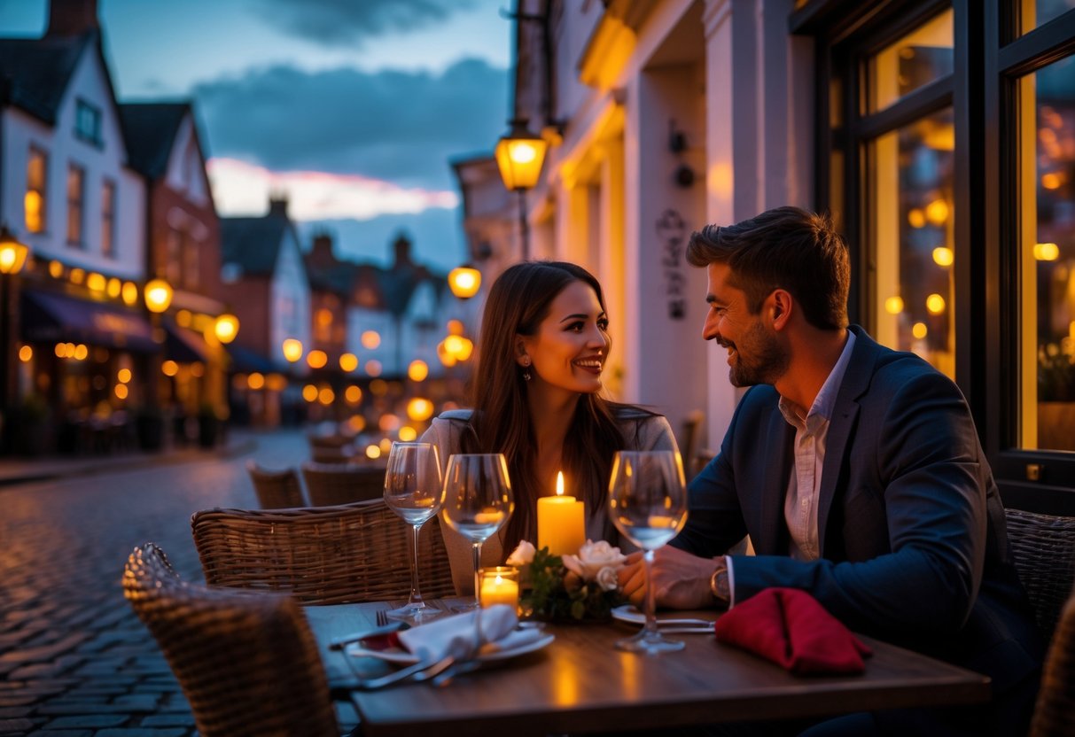 A young couple enjoying an intimate outdoor dinner in Wigan with historic buildings and cobblestone streets in the background.