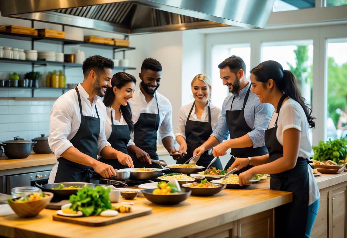 Couples cooking together in a bright kitchen during a cooking class at William Curley in Wimbledon.