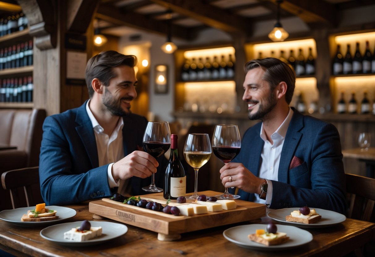 A couple enjoying a wine tasting at a cozy pub with wine glasses and appetizers on a wooden table.