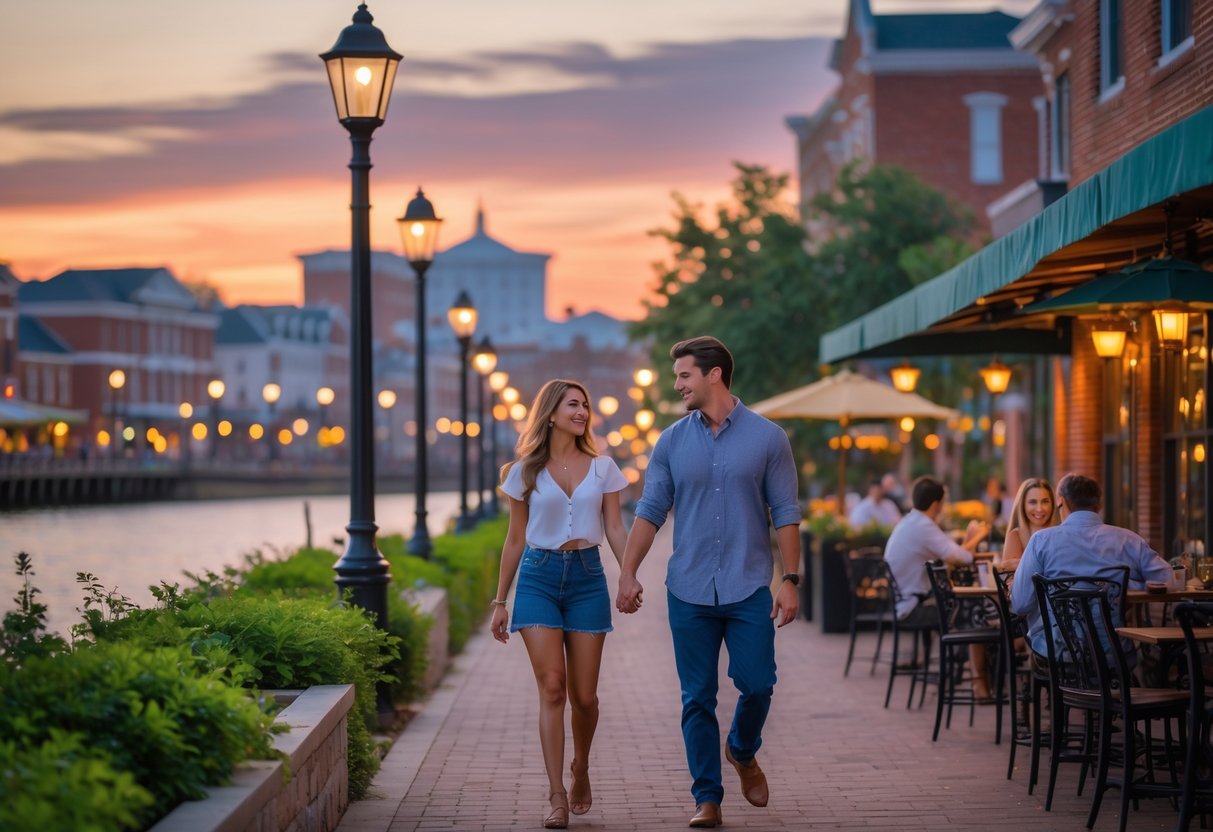 A young couple walking hand in hand along a riverwalk at sunset with historic buildings and outdoor café in the background.