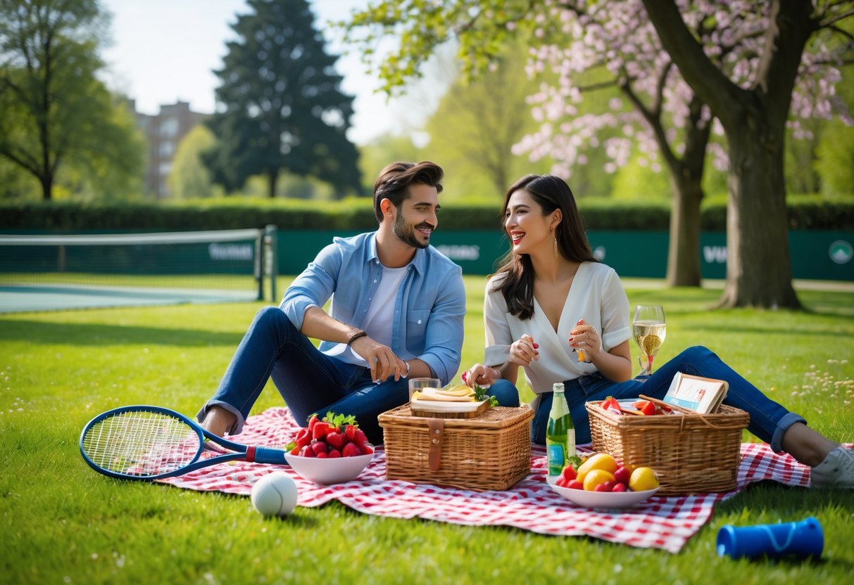 A young couple having a picnic on a blanket in a green park near a tennis court, enjoying a sunny day together.