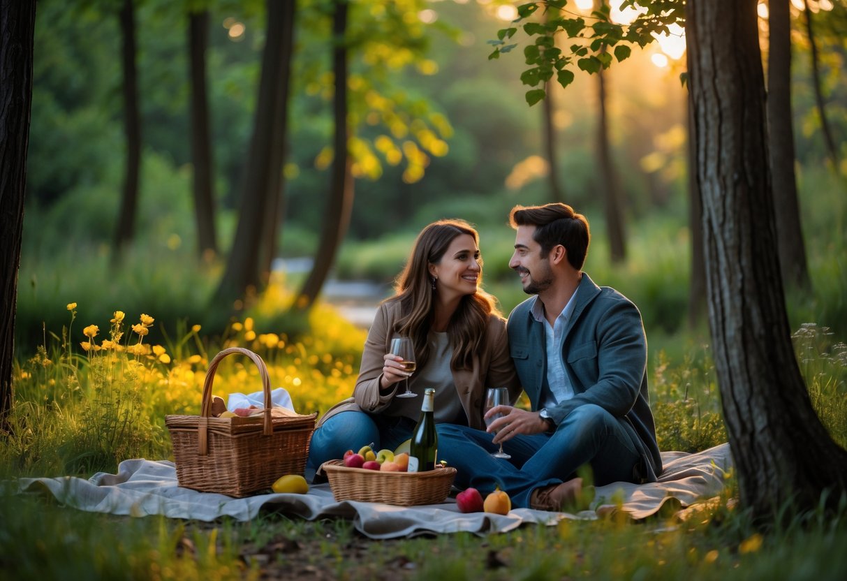 A young couple having a picnic together in a green woodland area surrounded by trees and sunlight.