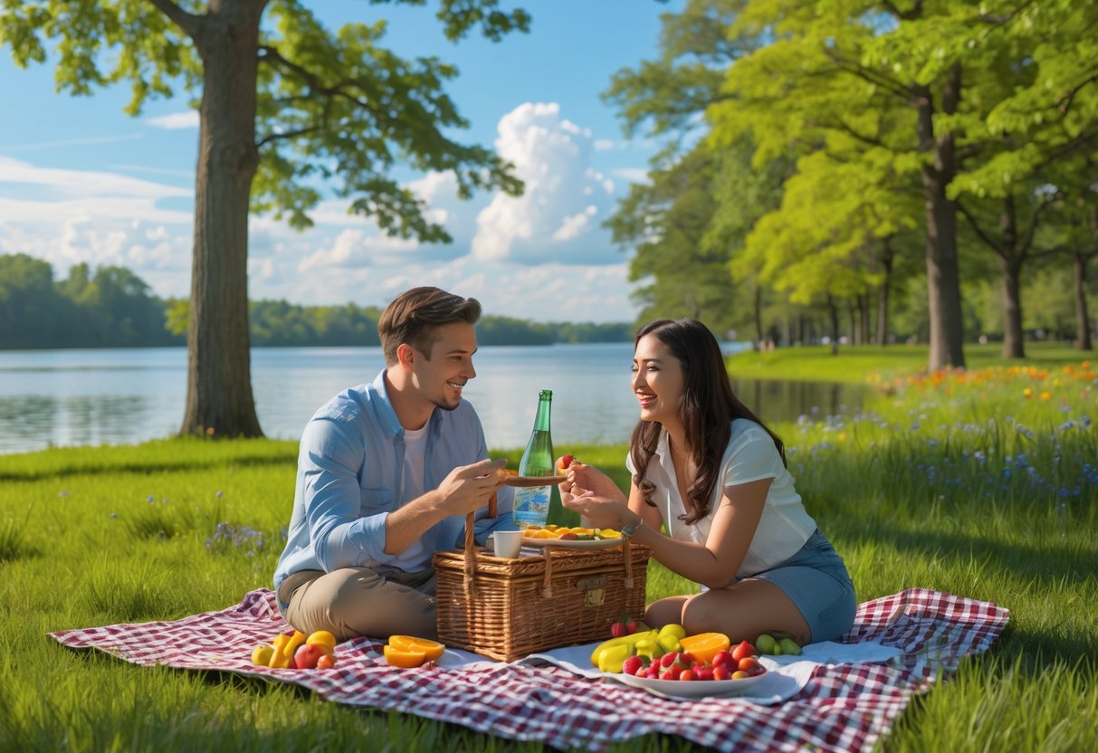 A couple having a picnic on a blanket near a lake surrounded by trees and grass at Greenfield Lake Park.