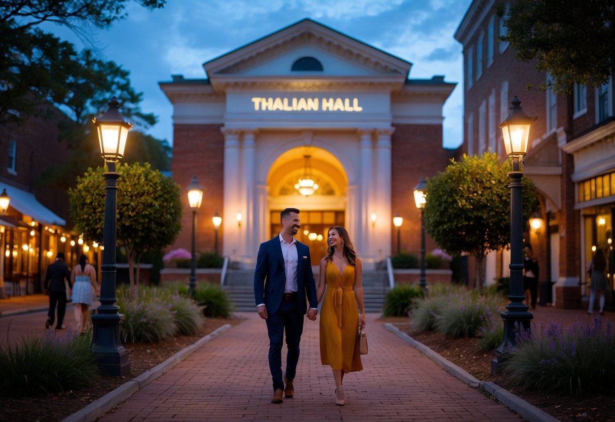 A couple walking hand-in-hand near the entrance of Thalian Hall theater in Wilmington, North Carolina, during twilight.