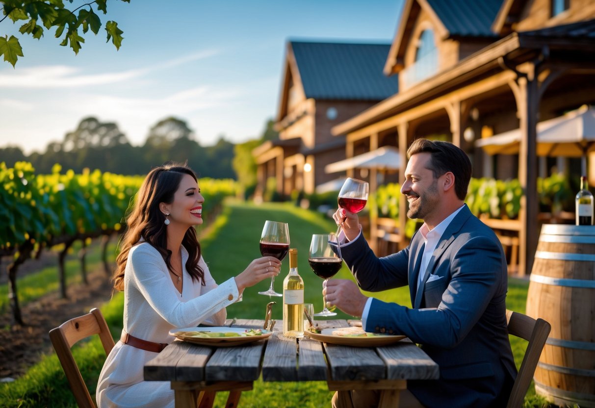 A couple enjoying wine tasting outdoors at a winery surrounded by vineyards and a winery building.