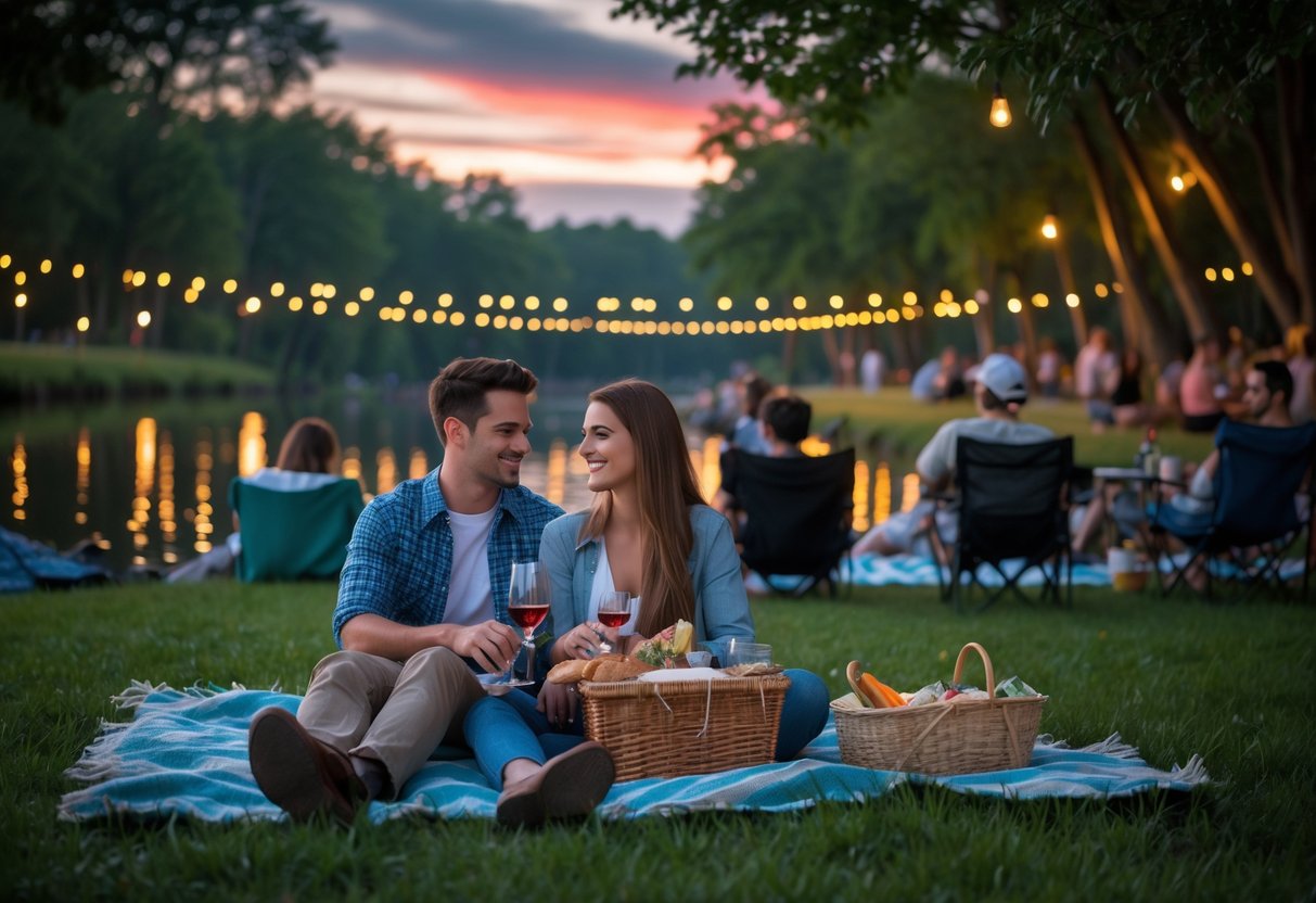 A couple sitting on a blanket by a waterway at dusk, enjoying an outdoor concert with string lights and trees around them.