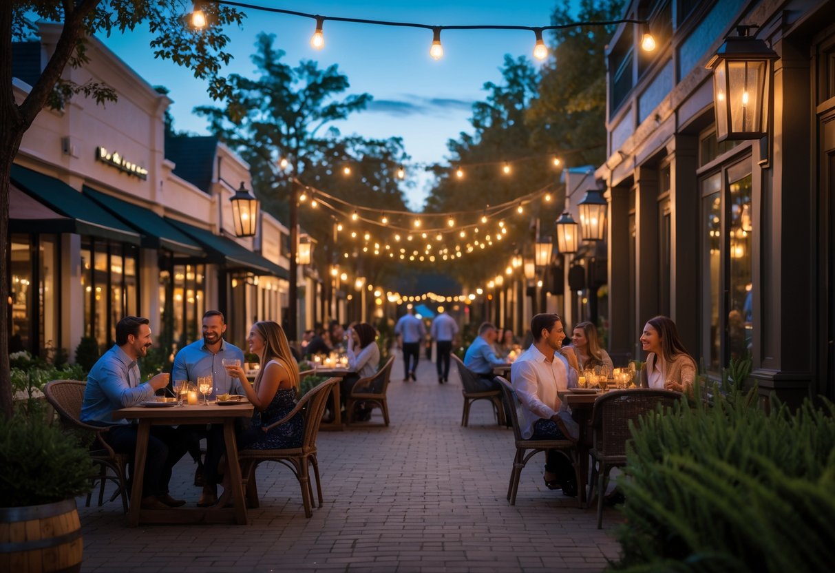 Couples dining outdoors at Main Street Crossing in The Woodlands during the evening.