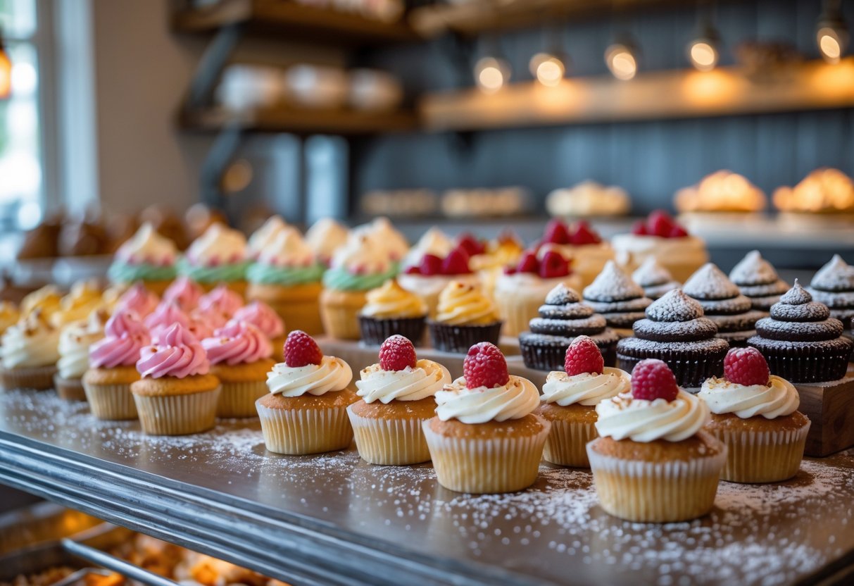 A variety of colorful desserts arranged on a table inside a cozy bakery.