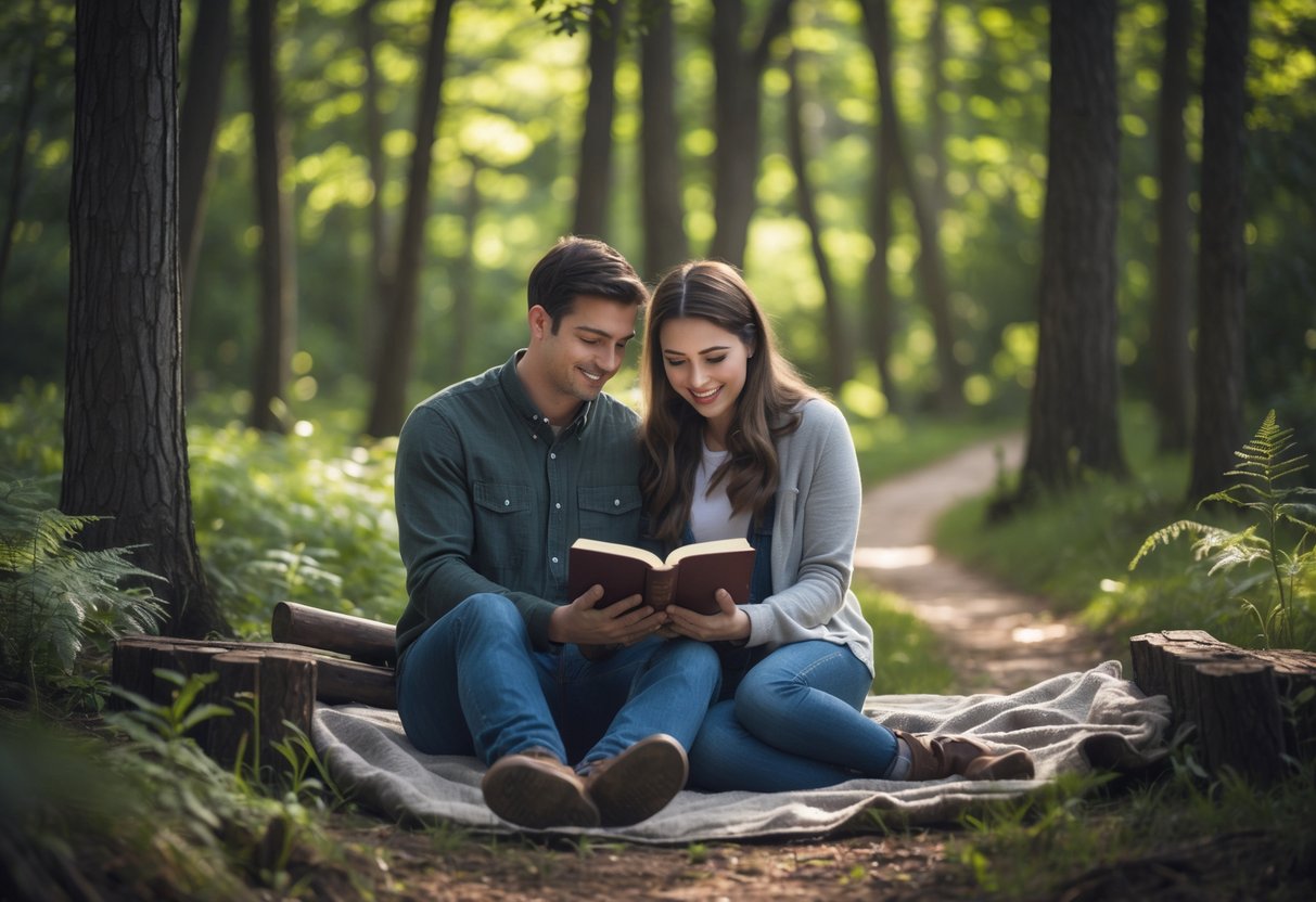 A young couple sitting together in a forest, reading a Bible with a walking path nearby.