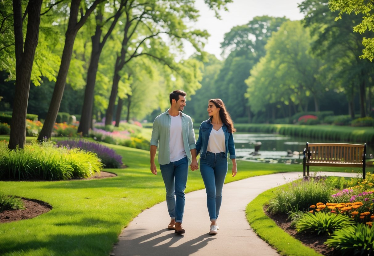 A young couple walking hand in hand along a tree-lined path in a green park with flowers and a pond in the background.