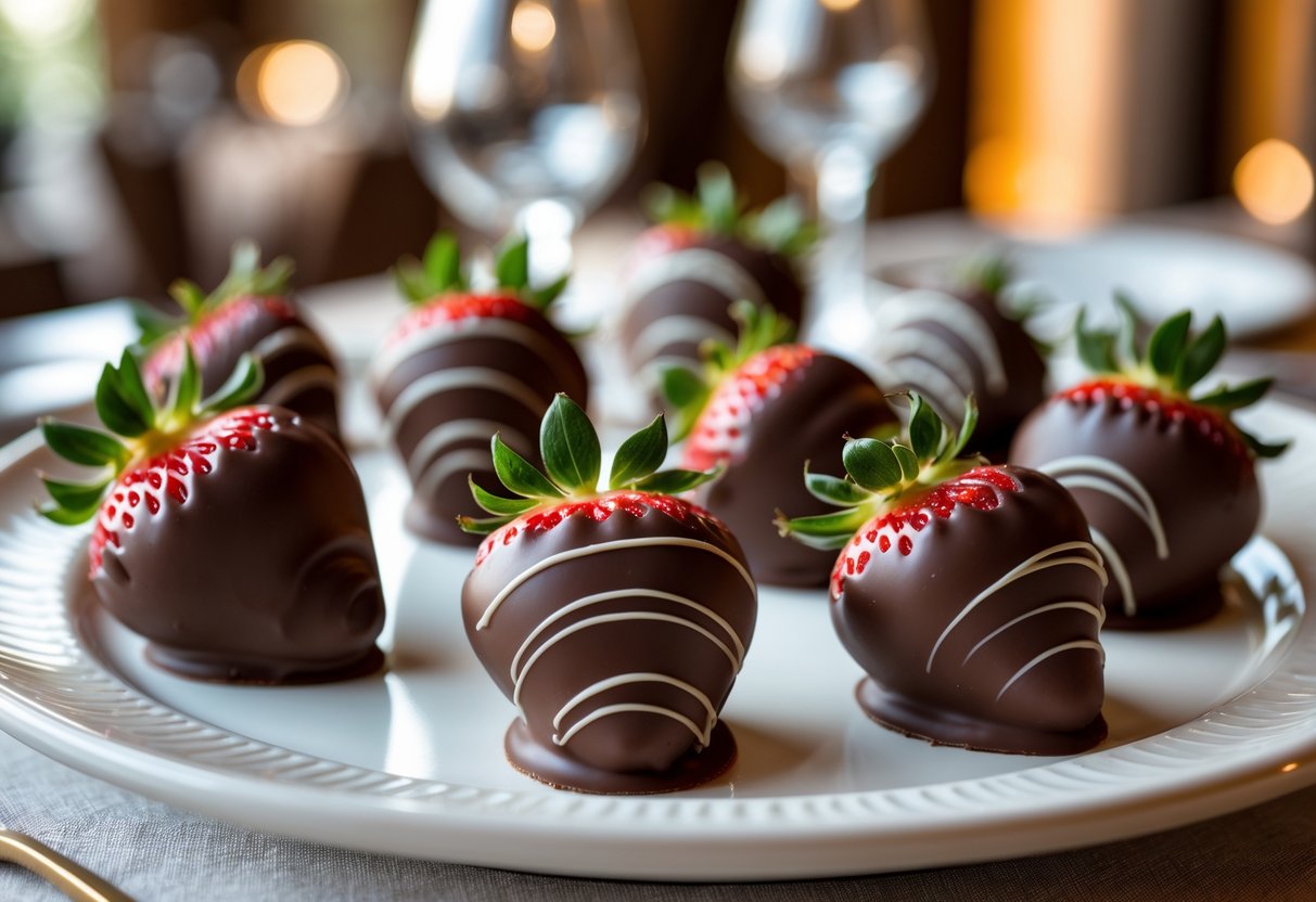 Close-up of chocolate-dipped strawberries arranged on a white plate in a cozy resort dining setting.