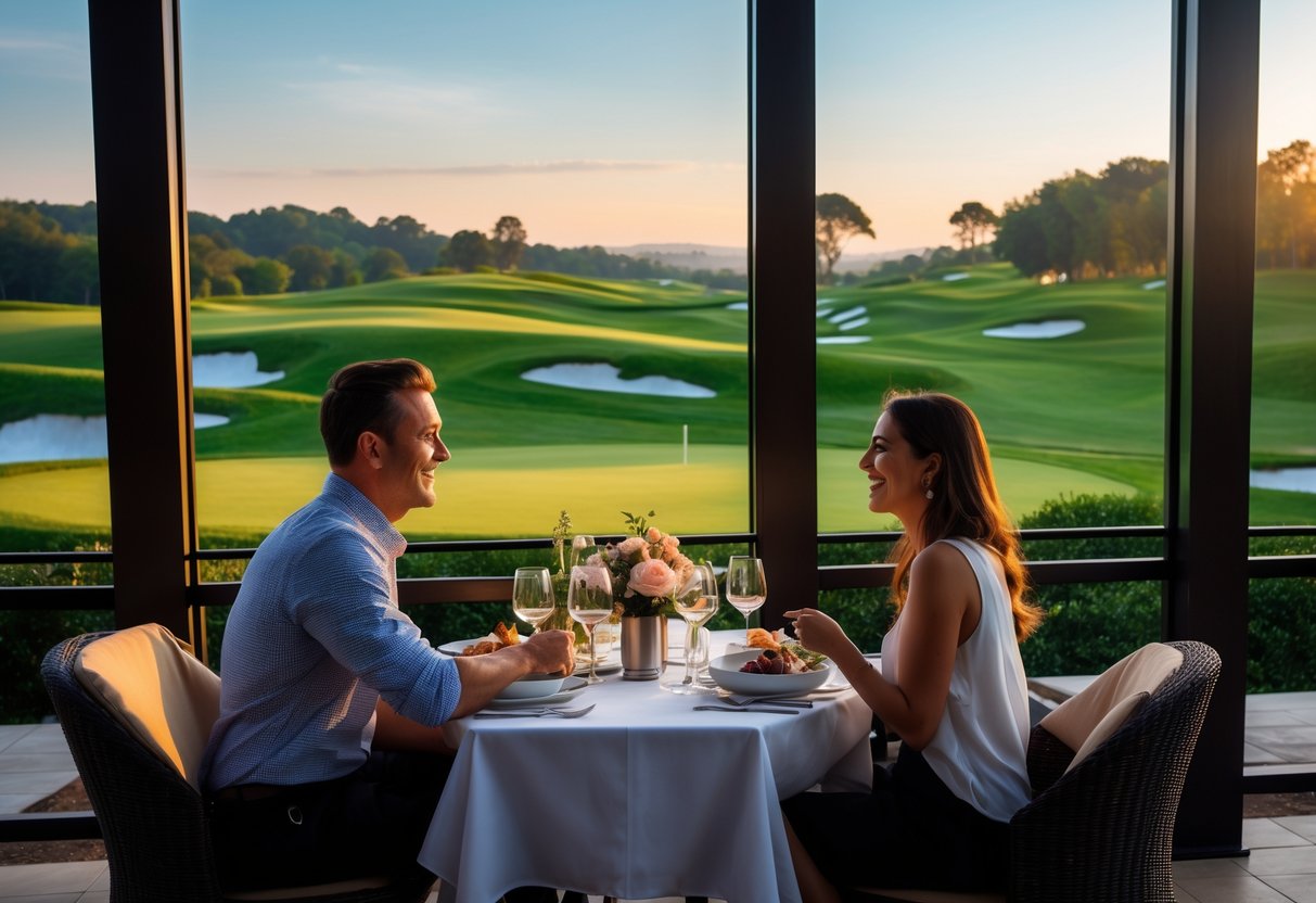 A couple enjoying dinner at a restaurant with large windows overlooking a green golf course.