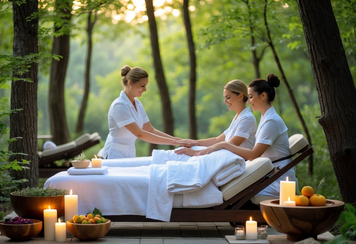 A couple receiving massages on lounge chairs in a peaceful outdoor spa surrounded by green trees and natural wooden elements.