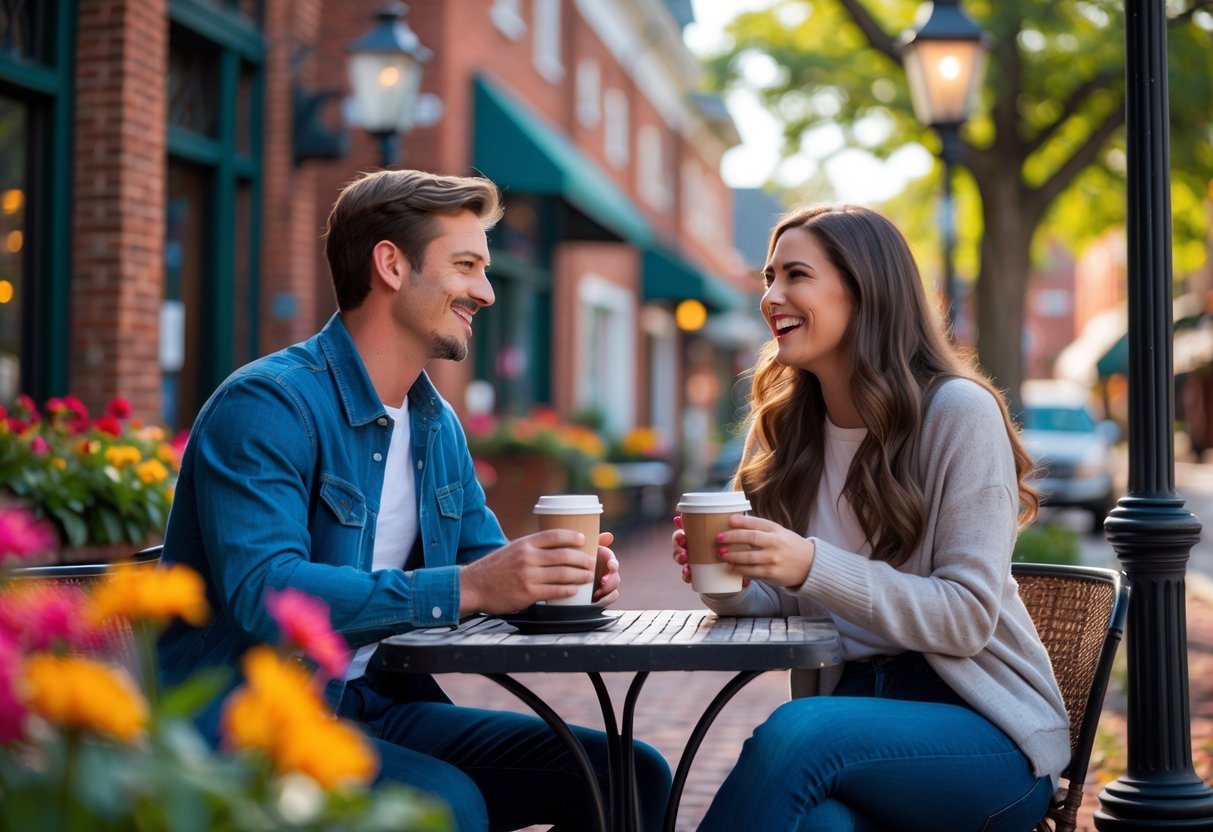 A young couple sitting at an outdoor café table in a charming downtown area, smiling and enjoying coffee together on a sunny day.