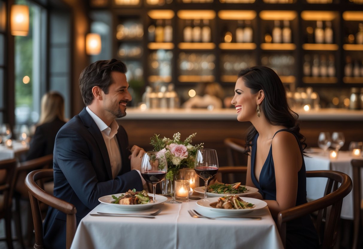 A couple enjoying a romantic dinner at a warmly lit restaurant table with food and wine.