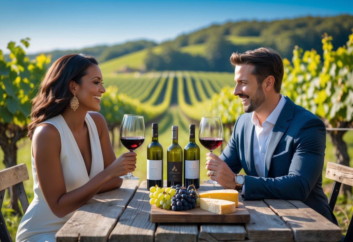 A couple enjoying wine tasting together at an outdoor vineyard with wine glasses and a cheese board on the table.