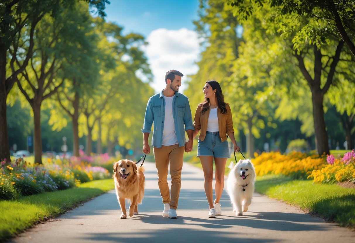 A young couple walking hand in hand in a sunny park with two dogs on leashes beside them.