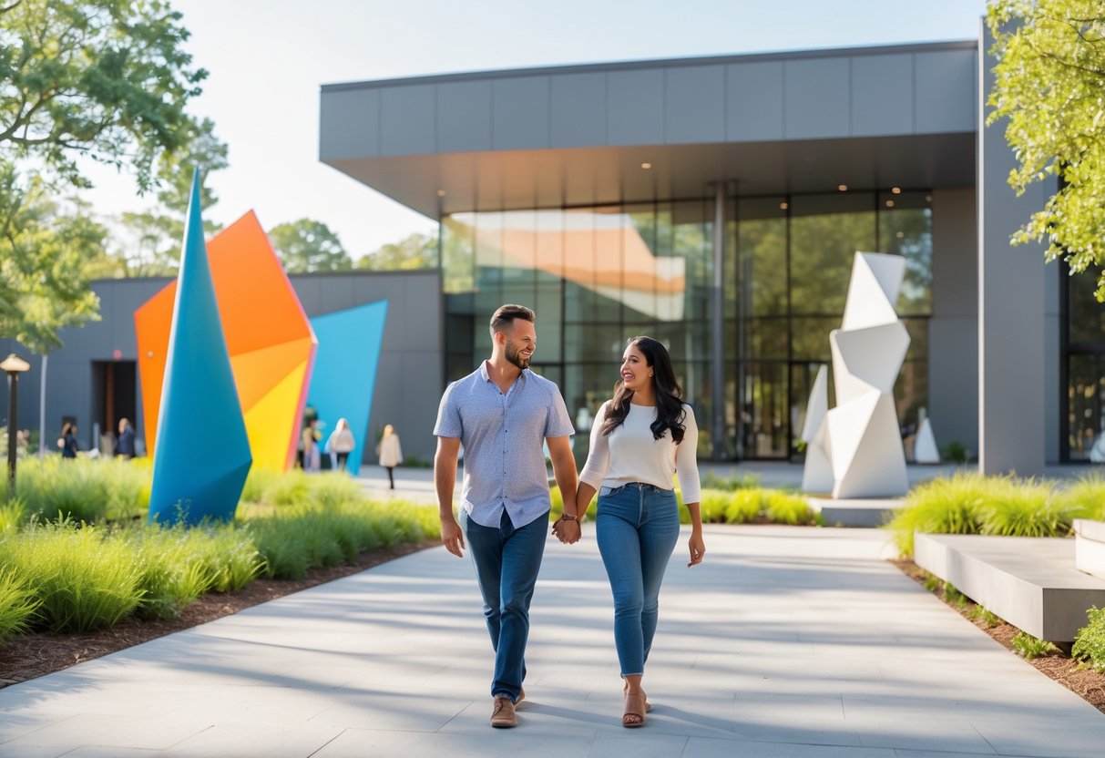 A couple walking hand-in-hand outside a modern art center surrounded by sculptures and greenery on a sunny day.