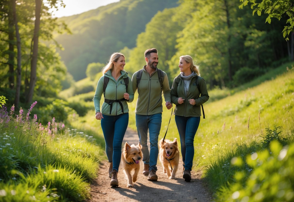 A couple hiking on a forest trail with two dogs, surrounded by green trees and sunlight.