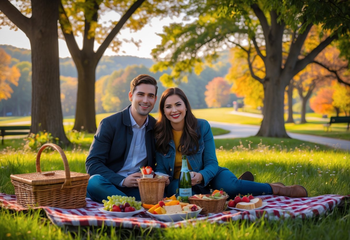 A young couple enjoying a picnic on a blanket in a green park surrounded by trees and flowers.