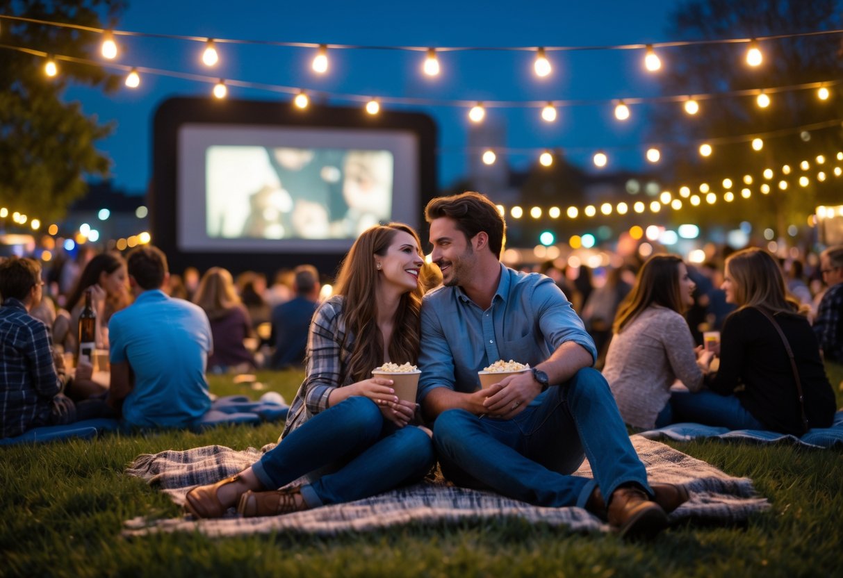 A young couple sitting on a blanket outdoors watching a movie on a large screen at a film festival in the evening.