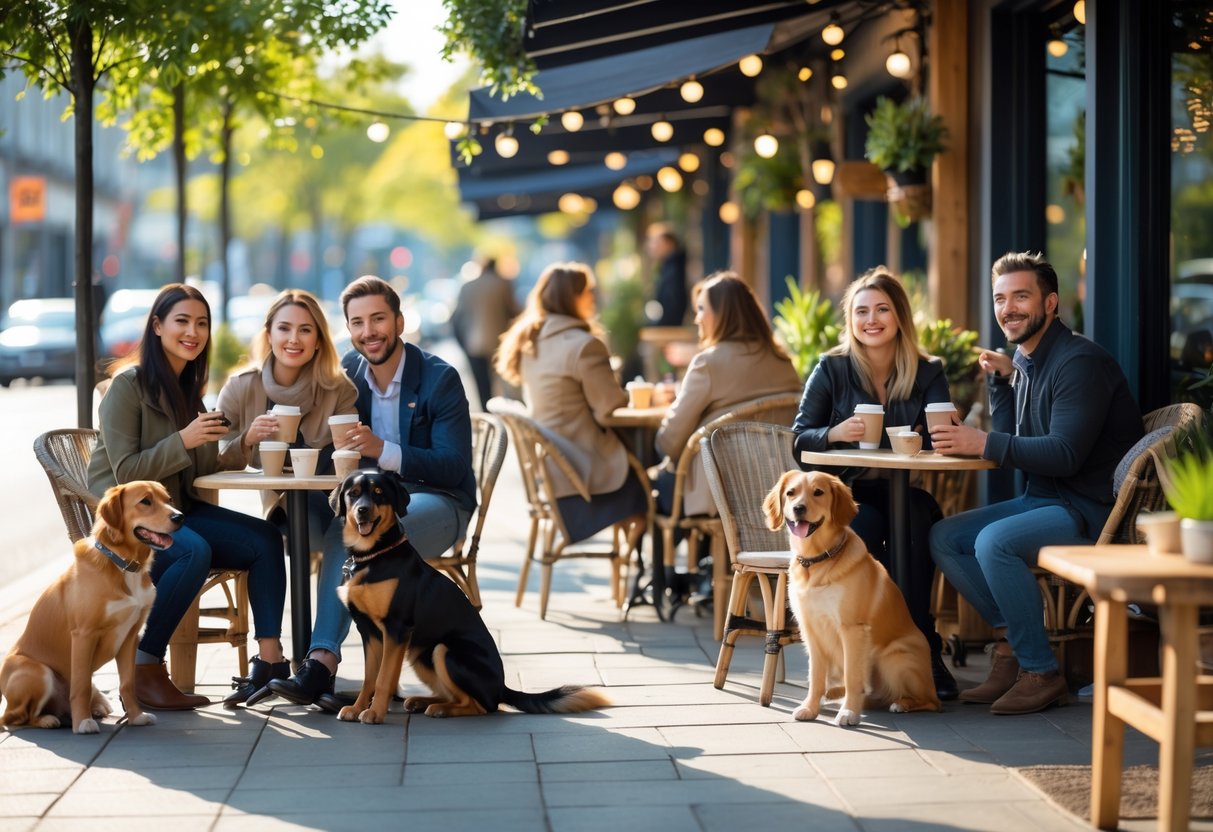 People enjoying a sunny outdoor cafe with their dogs sitting beside them at tables.