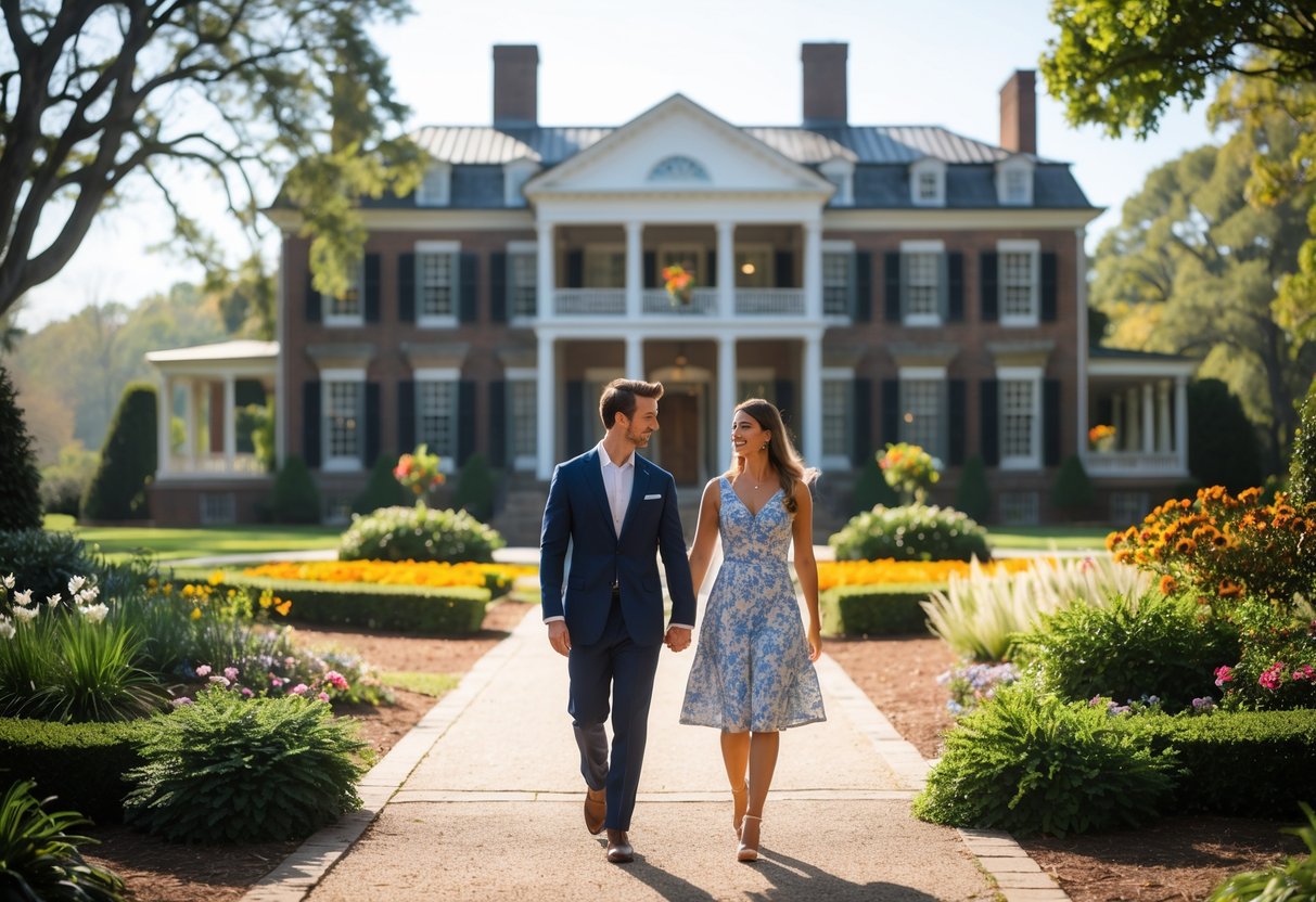 A couple walking together outside a historic mansion surrounded by gardens on a sunny day.