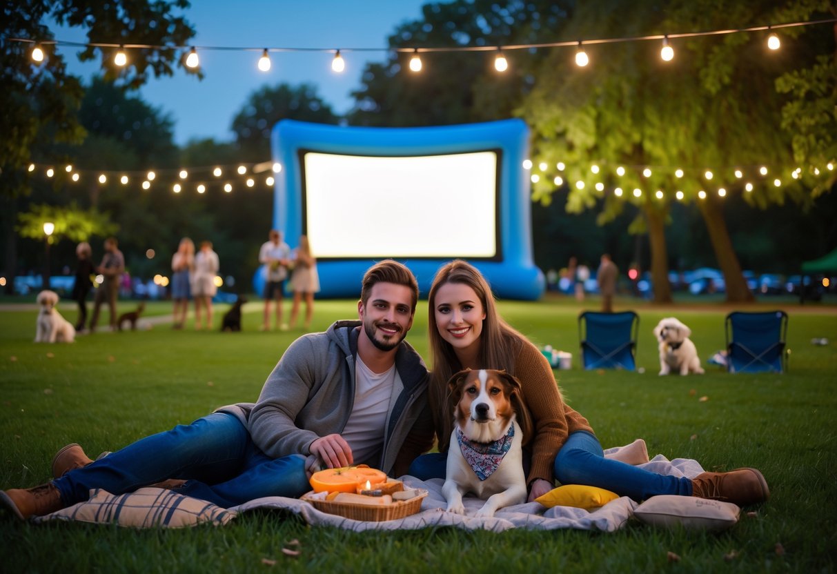 A couple sitting on a blanket with their dog at an outdoor movie screening in a park during twilight.
