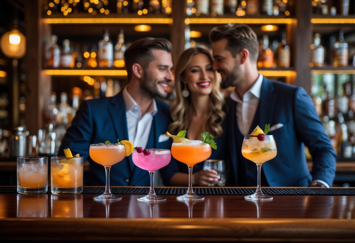 A couple enjoying craft cocktails together at a cozy, upscale bar with warm lighting and wooden furnishings.