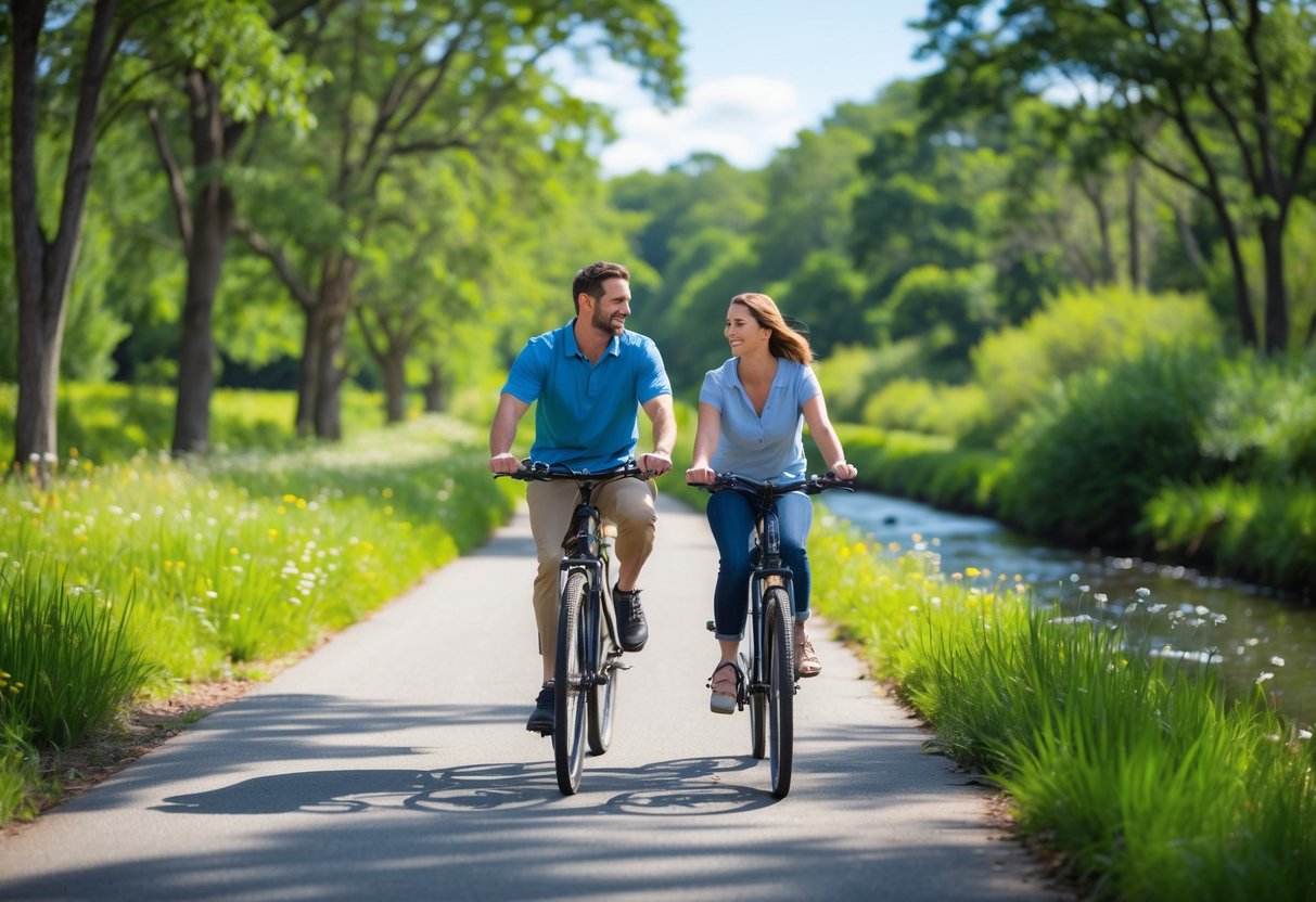 A couple riding bicycles together on a tree-lined paved trail next to a creek.