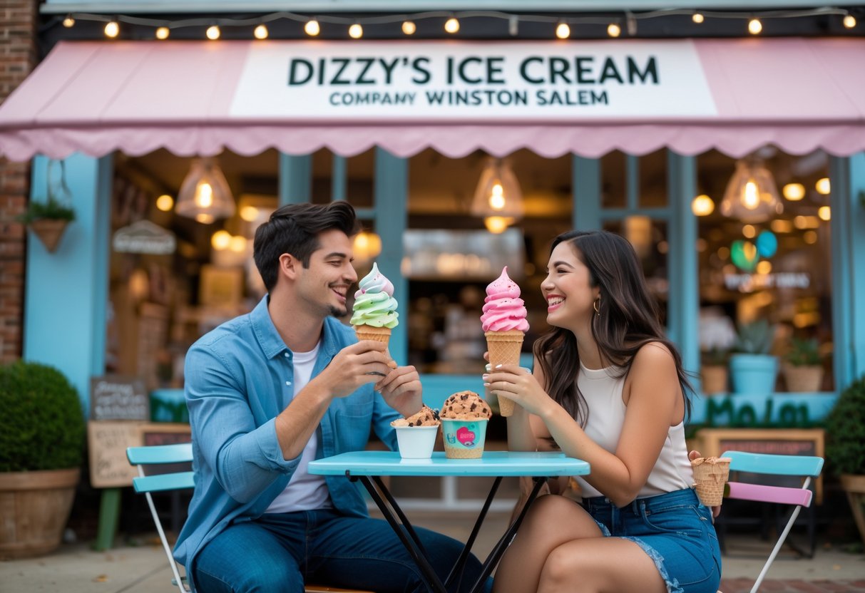 A young couple enjoying ice cream cones together at an outdoor table in front of an ice cream shop.