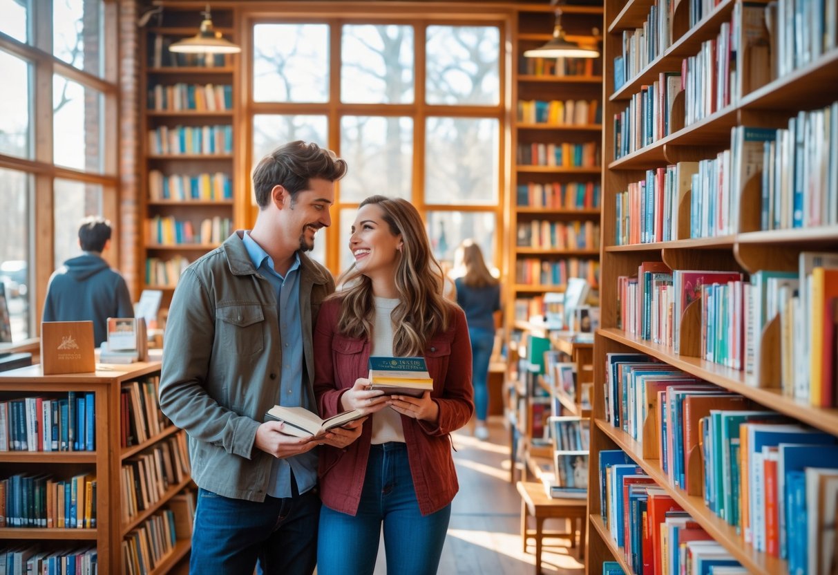 A young couple browsing books together inside a cozy, well-lit bookstore with wooden shelves and reading areas.