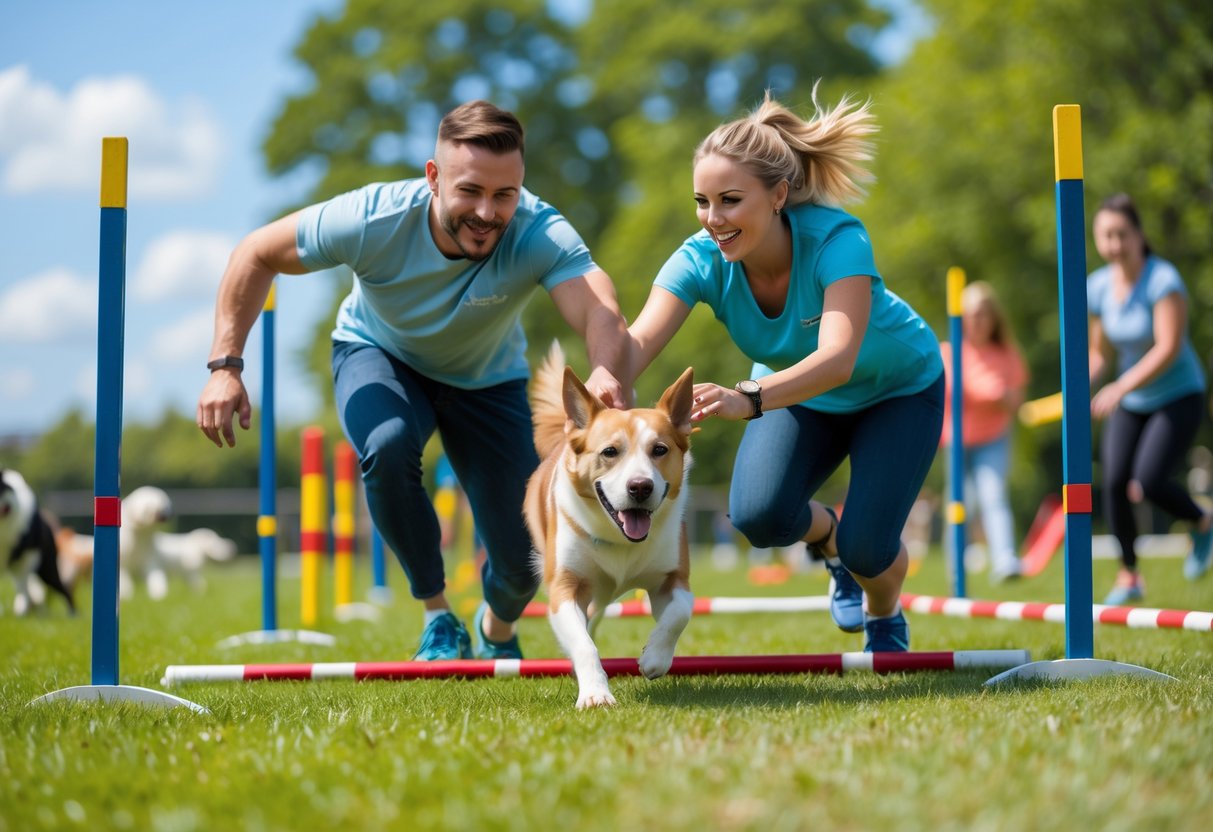 A couple training their dog on an outdoor agility course with obstacles on a sunny day.